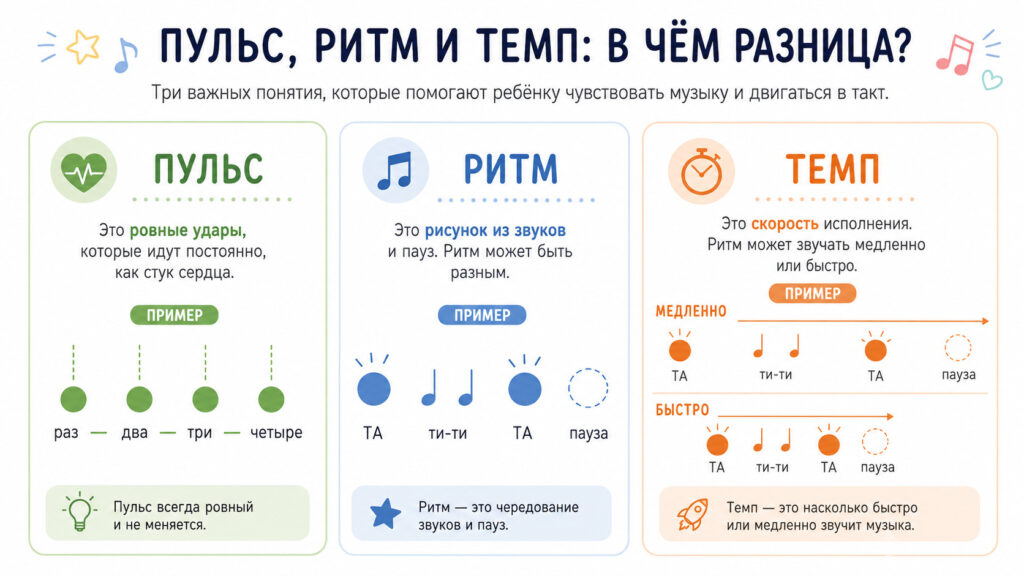 Инфографика с примерами пульса, ритма и темпа в музыке